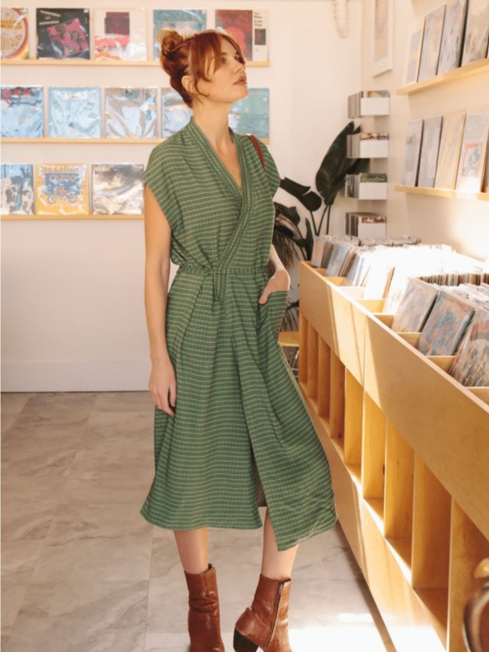 Oddbird Co Aydin Green Plaid Reversible Wrap Midi Dress